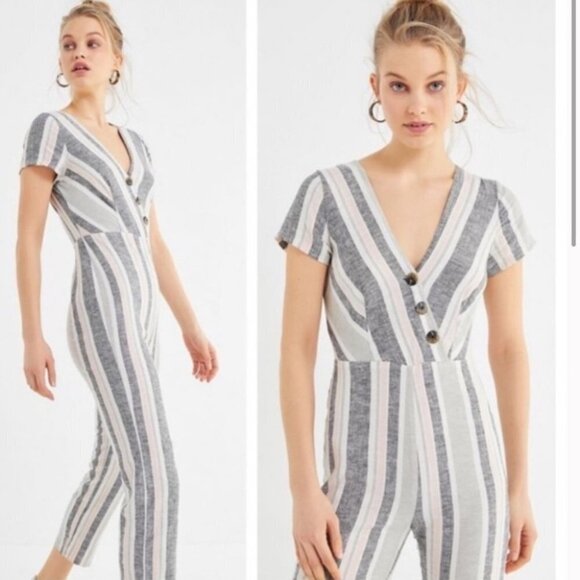 Urban Outfitters | Linen Blend Surplice Jumpsuit | Striped Button Front - Picture 1 of 9